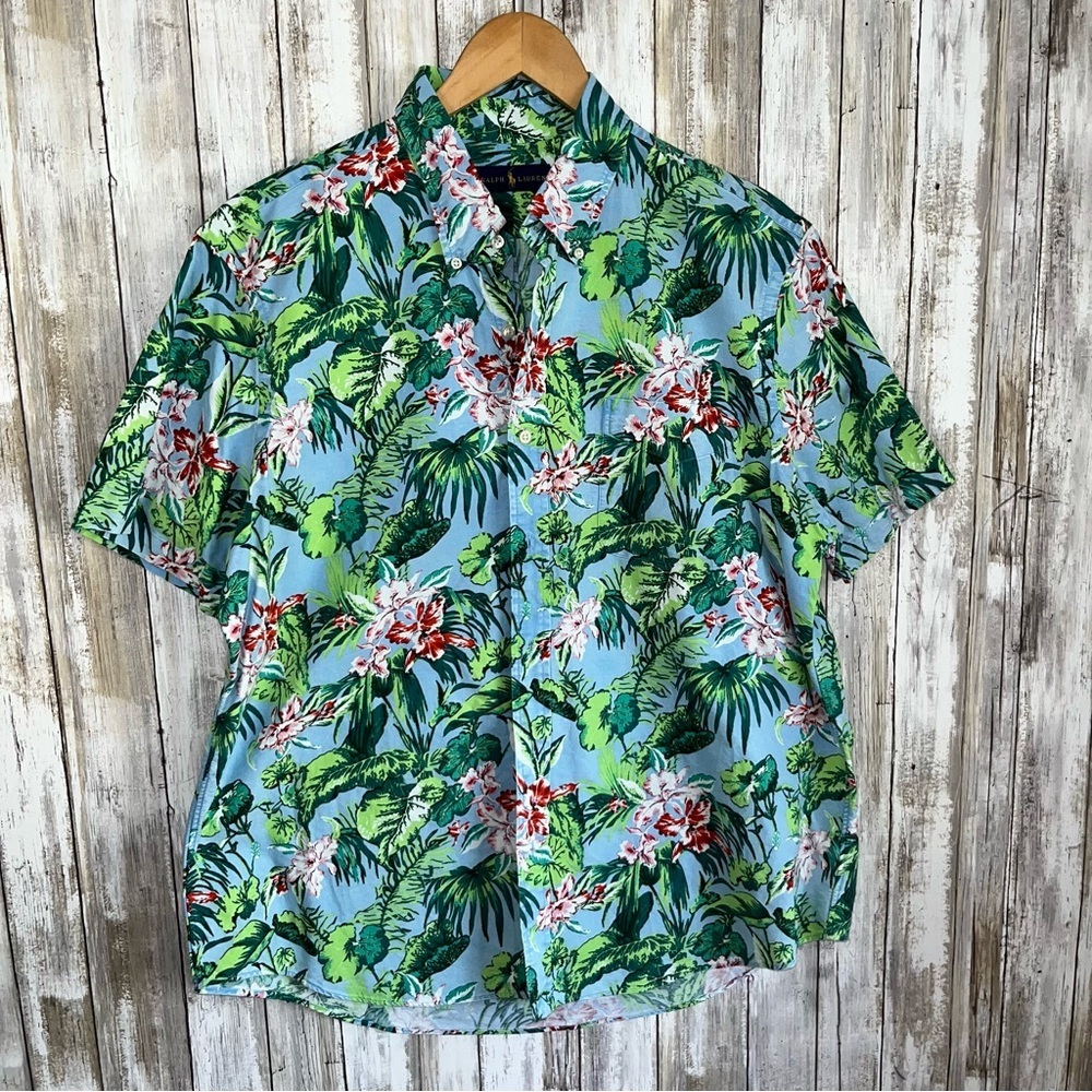 Ralph Lauren Tropical Floral Hawaiian Shirt Blue Green Short Sleeve Button Down